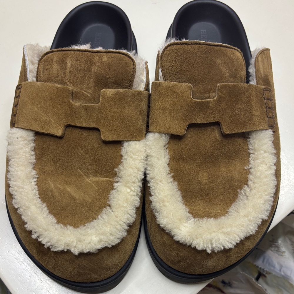 Hermes Brown Suede Loafers with Cream Shearling